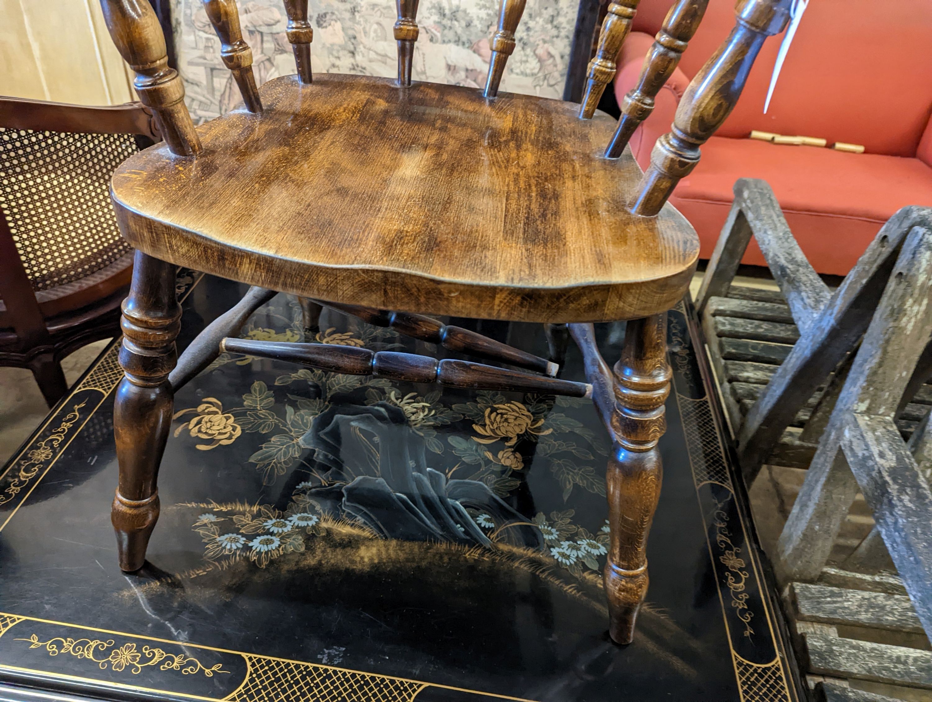 A Victorian style beech smoker's bow chair, width 63cm, depth 45cm, height 80cm